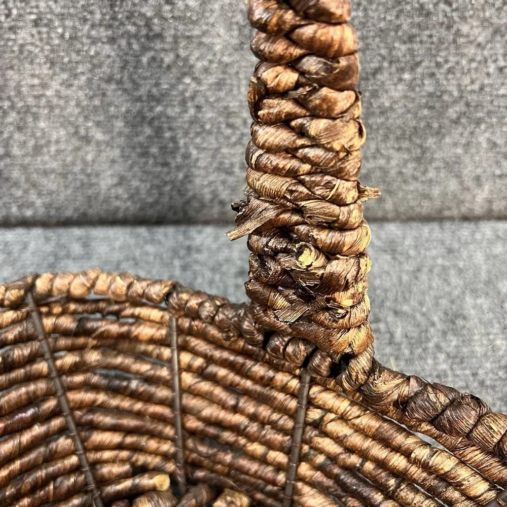 Dark Brown Woven Handled Oval Rustic Open Basket Heavy Cottagecore Boho Decor
